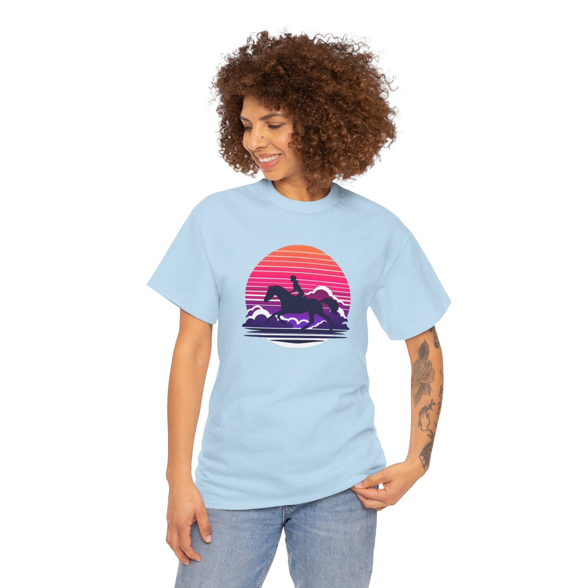 Woman Ride Horse Sunset T-Shirt — Retro Silhouette Beach Vibe Tee