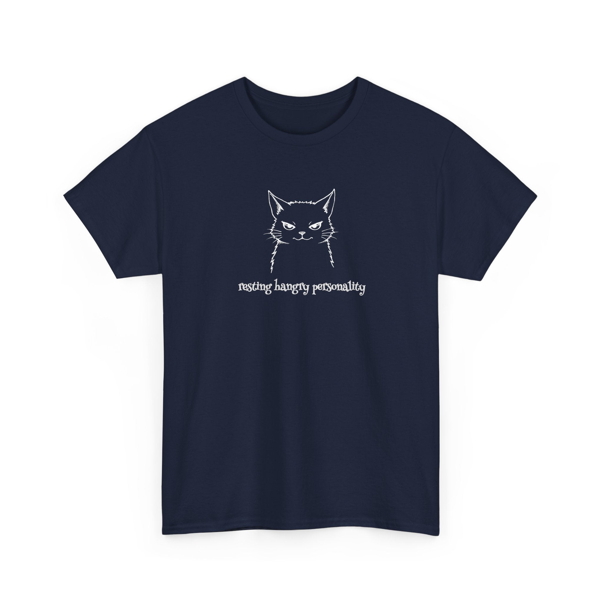drawing of a cat with a stern look and the text 'resting hangry personality'