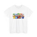 White t-shirt with colorful graphic of six sports fans in different poses on a white background