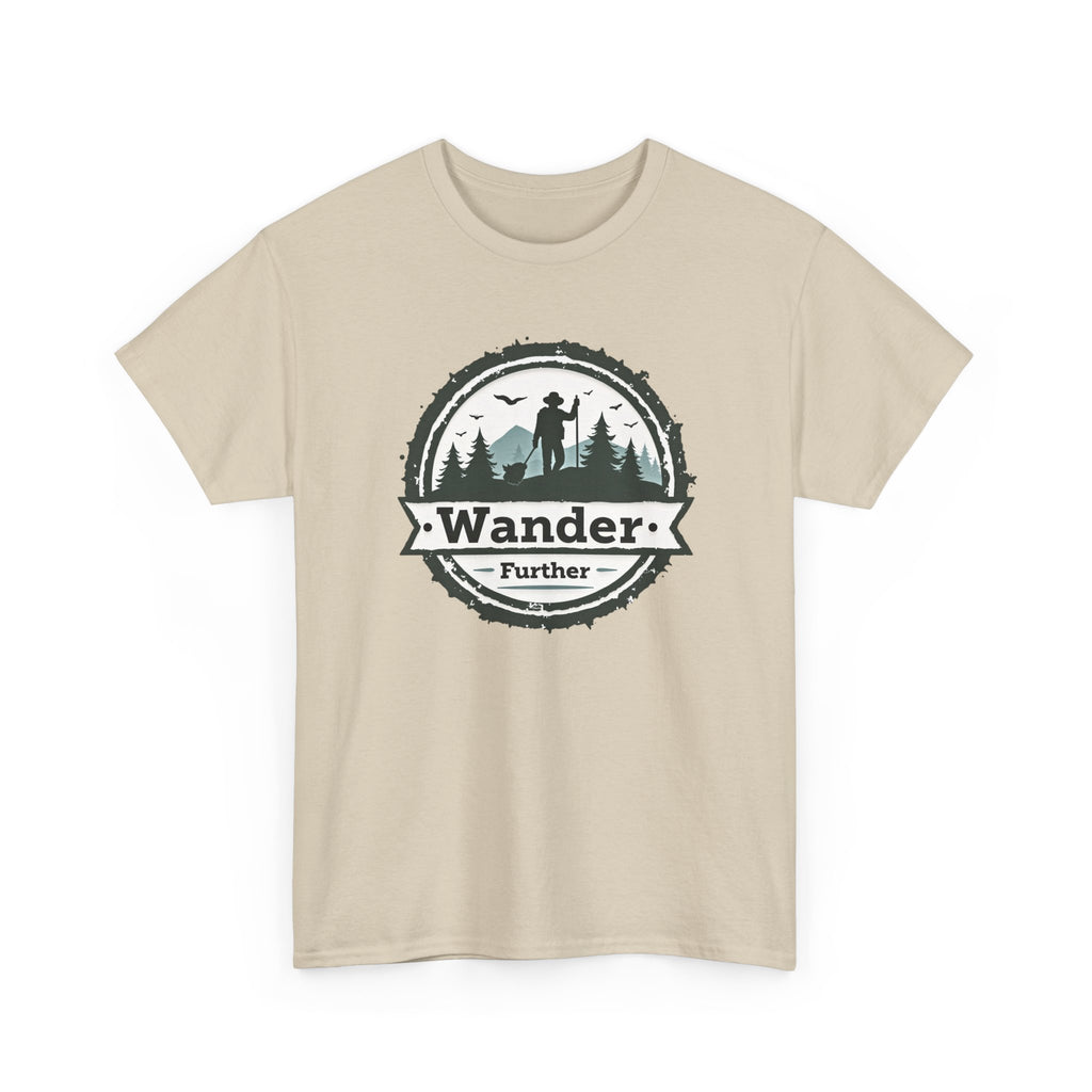 Beige t-shirt with 'Wander Further' graphic design on a white background