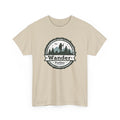 Beige t-shirt with 'Wander Further' graphic design on a white background