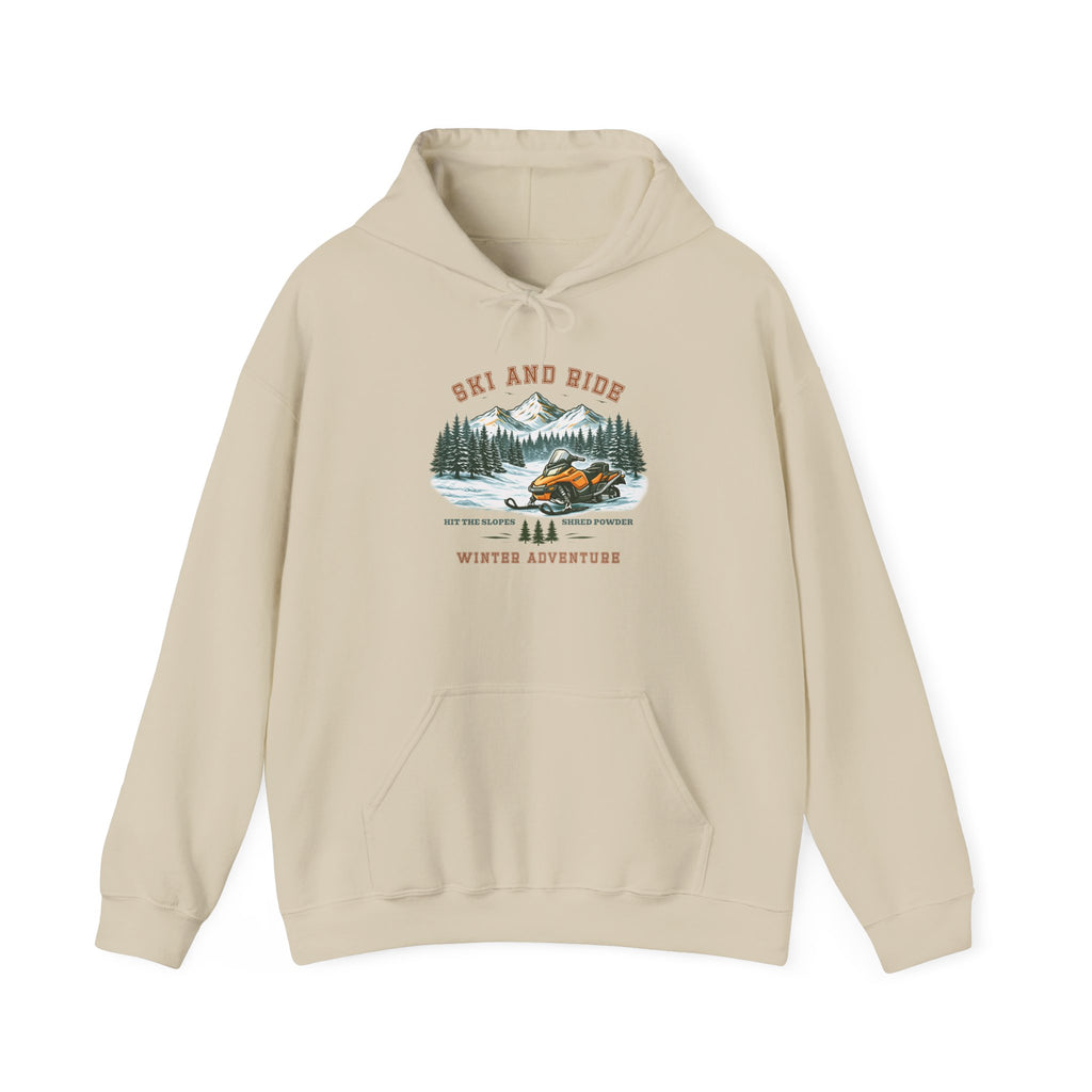 Snowmobile Ski and Ride Hoodie — Vintage Mountain Winter Adventure Pullover
