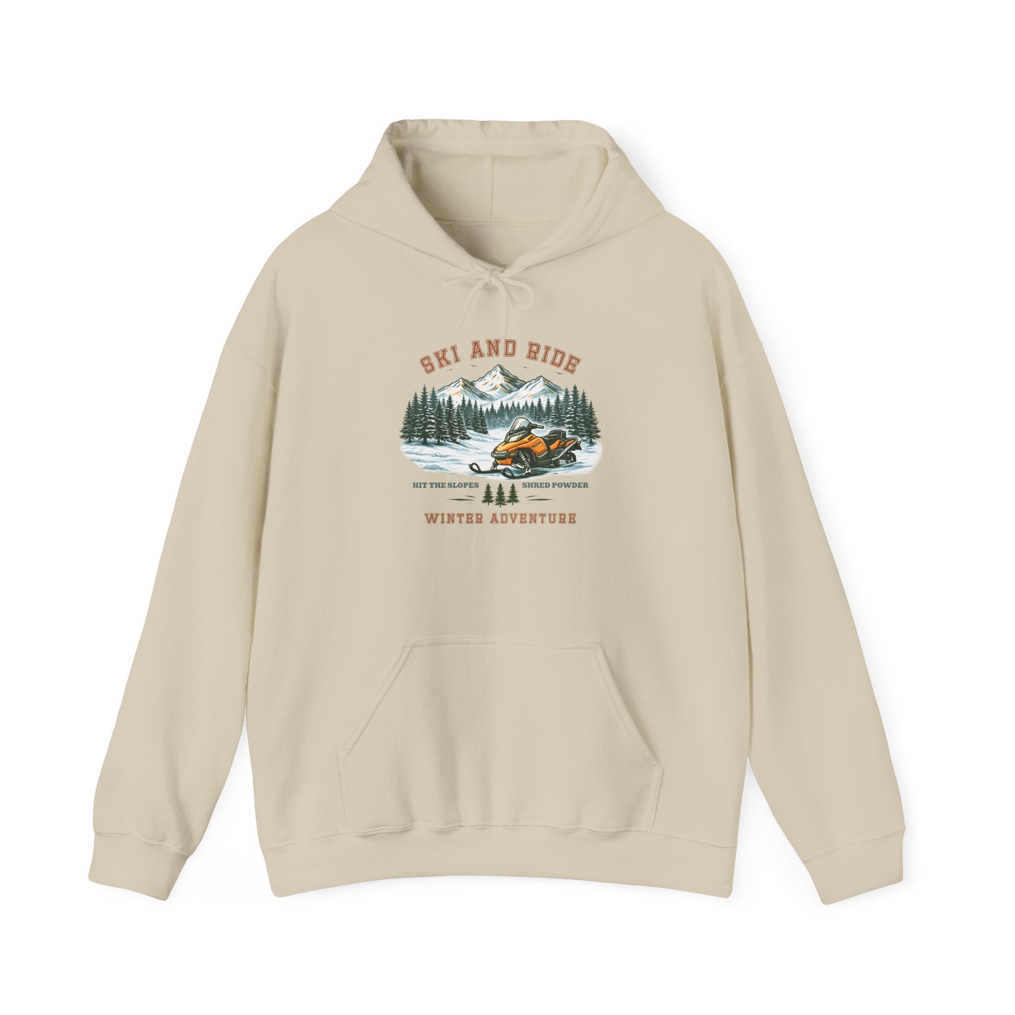 Snowmobile Ski and Ride Hoodie — Vintage Mountain Winter Adventure Pullover