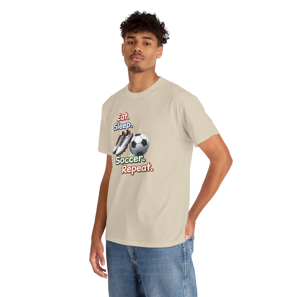 Soccer T-Shirt — "Eat. Sleep. Soccer. Repeat." Graphic Tee for Players & Fans