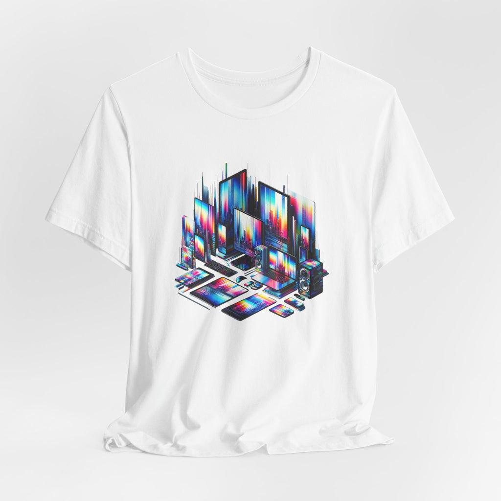Retro Glitch City T-Shirt — Neon Vaporwave Pixel Tech Devices Tee