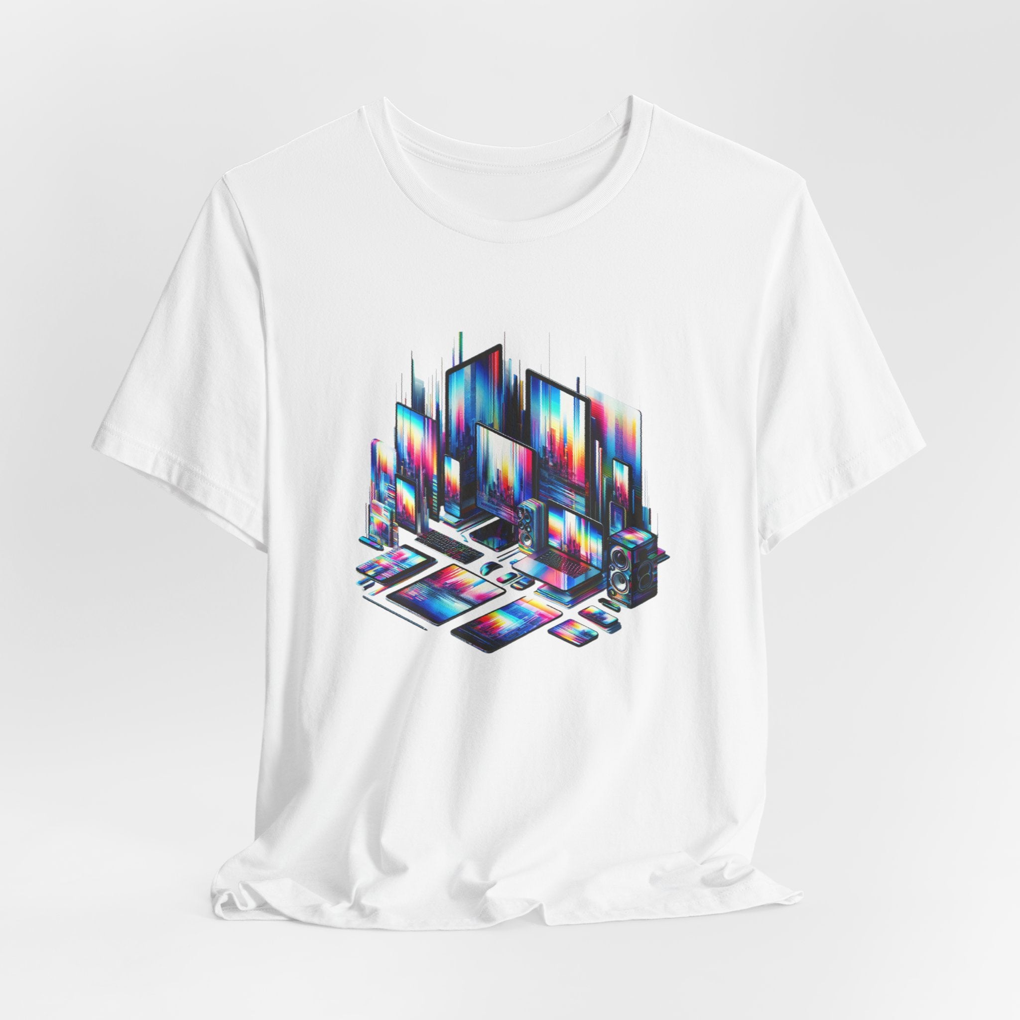 Retro Glitch City T-Shirt — Neon Vaporwave Pixel Tech Devices Tee