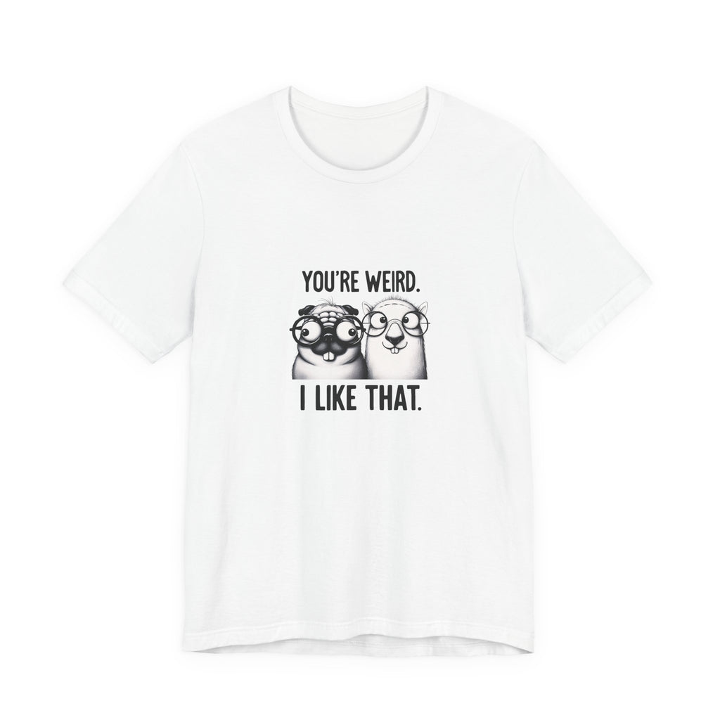Funny black-and-white illustration of two quirky animals wearing oversized glasses and smiling, featuring playful quote text about being weird.