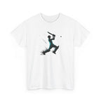 White t-shirt with a black and green graphic of a person playing cricket on a white background