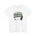 White gym workout t-shirt with 'Gin-Uine Gains' graphic design on a white background