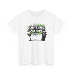 White gym workout t-shirt with 'Gin-Uine Gains' graphic design on a white background