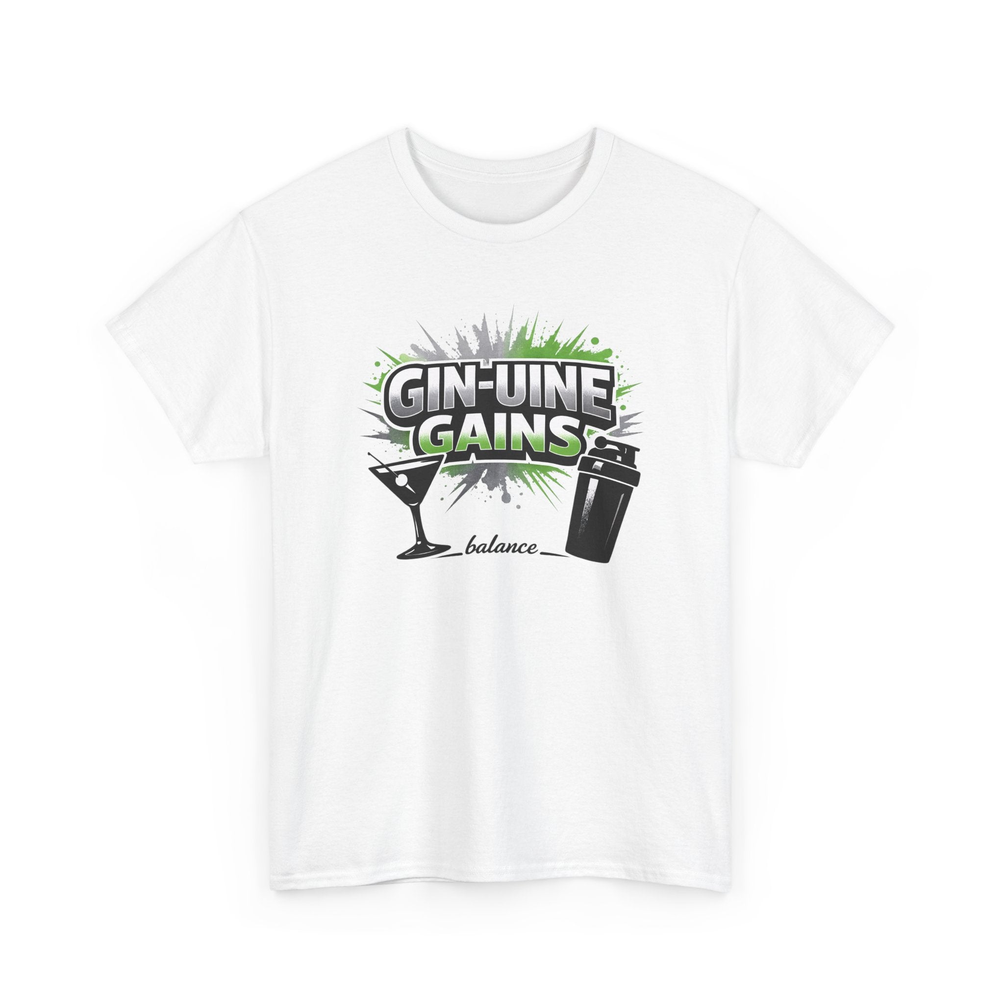 White gym workout t-shirt with 'Gin-Uine Gains' graphic design on a white background
