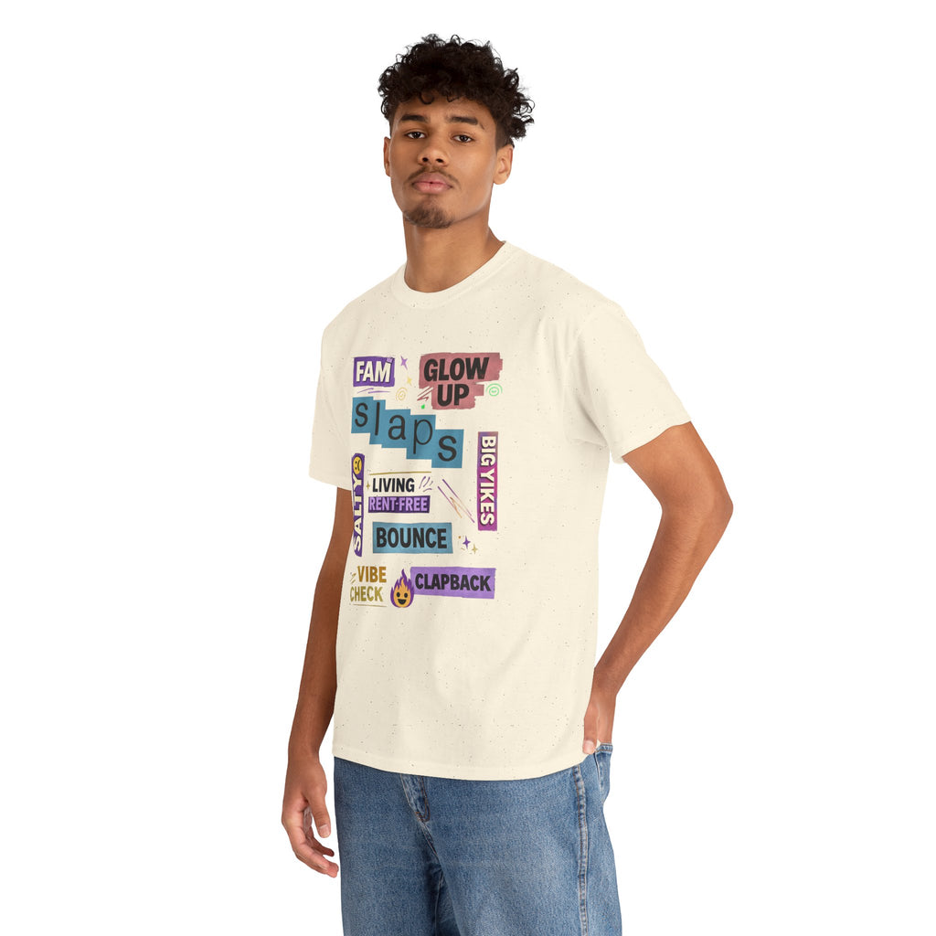 Gen Z Graphic Tee — Trendy Sticker-Style Words Design