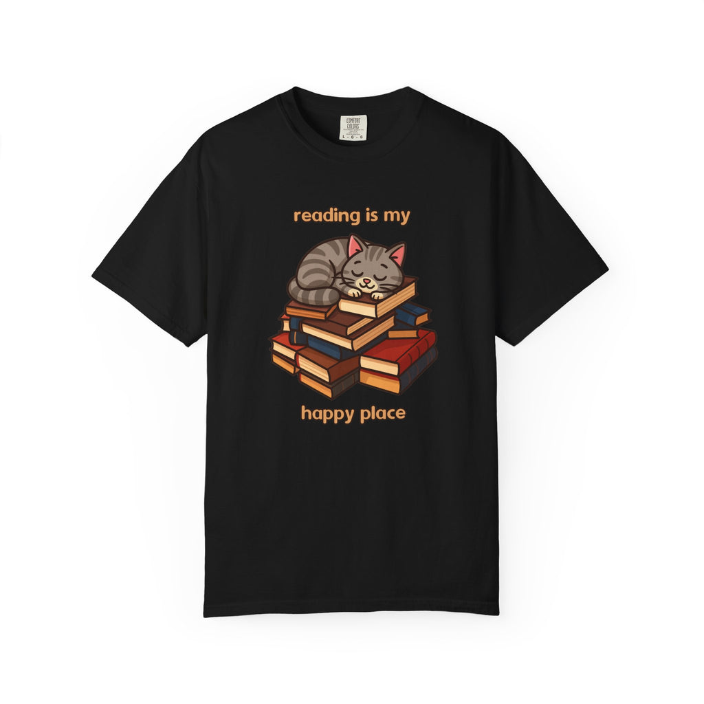 Reading Is My Happy Place T-Shirt — Cute Cat on Books Graphic Tee