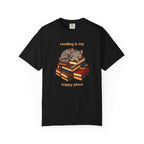 Reading Is My Happy Place T-Shirt — Cute Cat on Books Graphic Tee