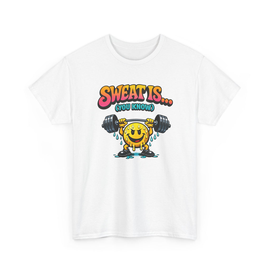 Retro Workout Tee — "Sweat Is... (You Know)" Smiley Weightlifting Fat Crying Graphic Shirt