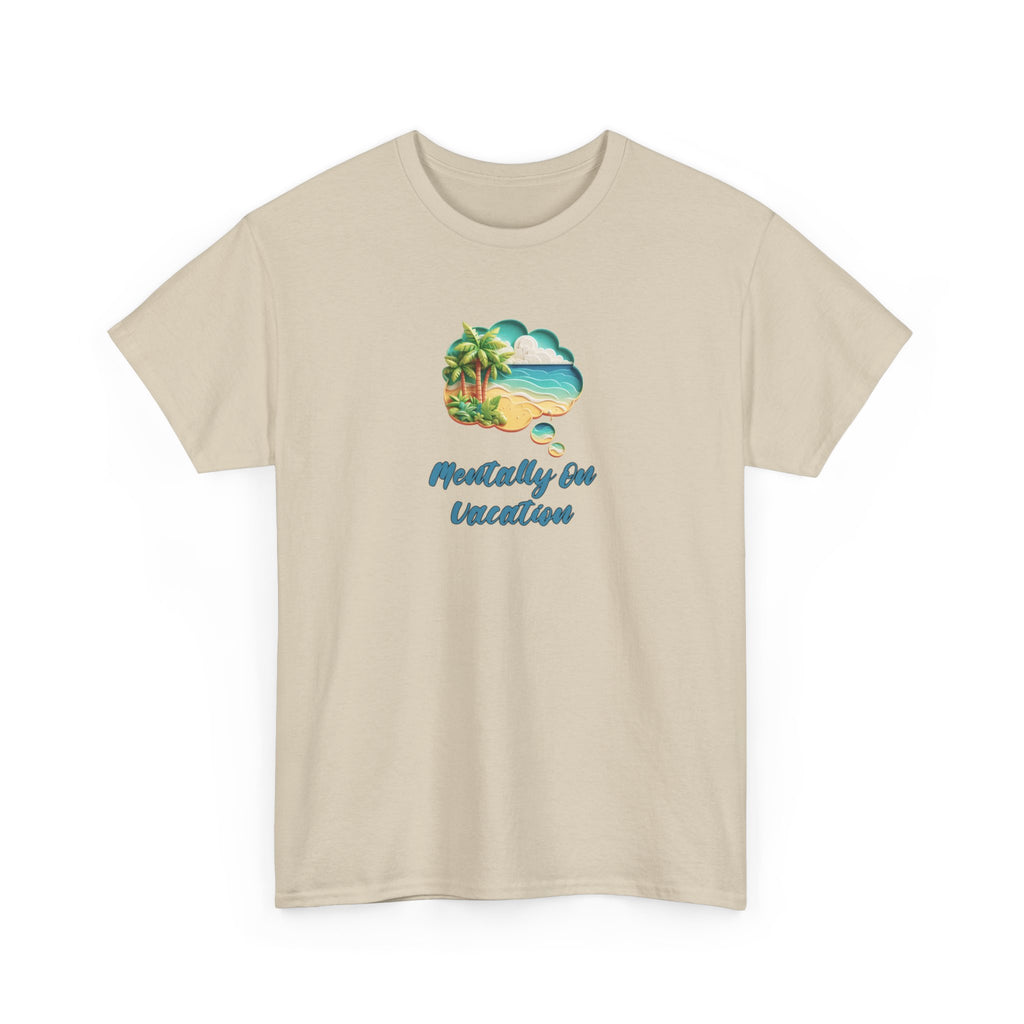 graphic of a beach scene in a thought bubble and the text 'mentally on vacation'