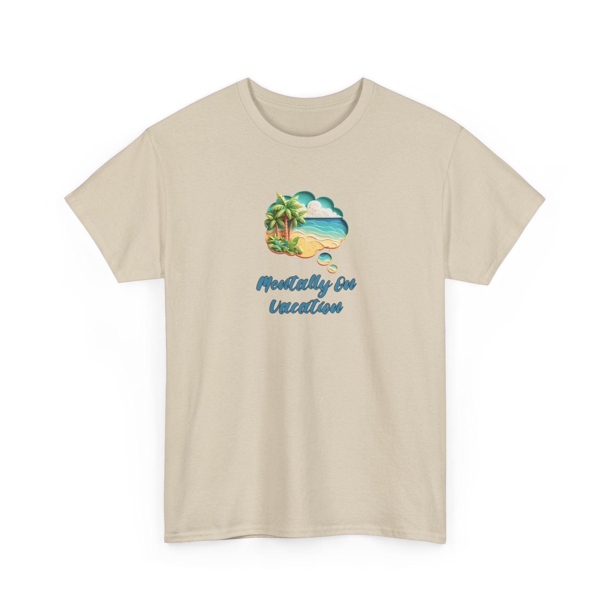 graphic of a beach scene in a thought bubble and the text 'mentally on vacation'