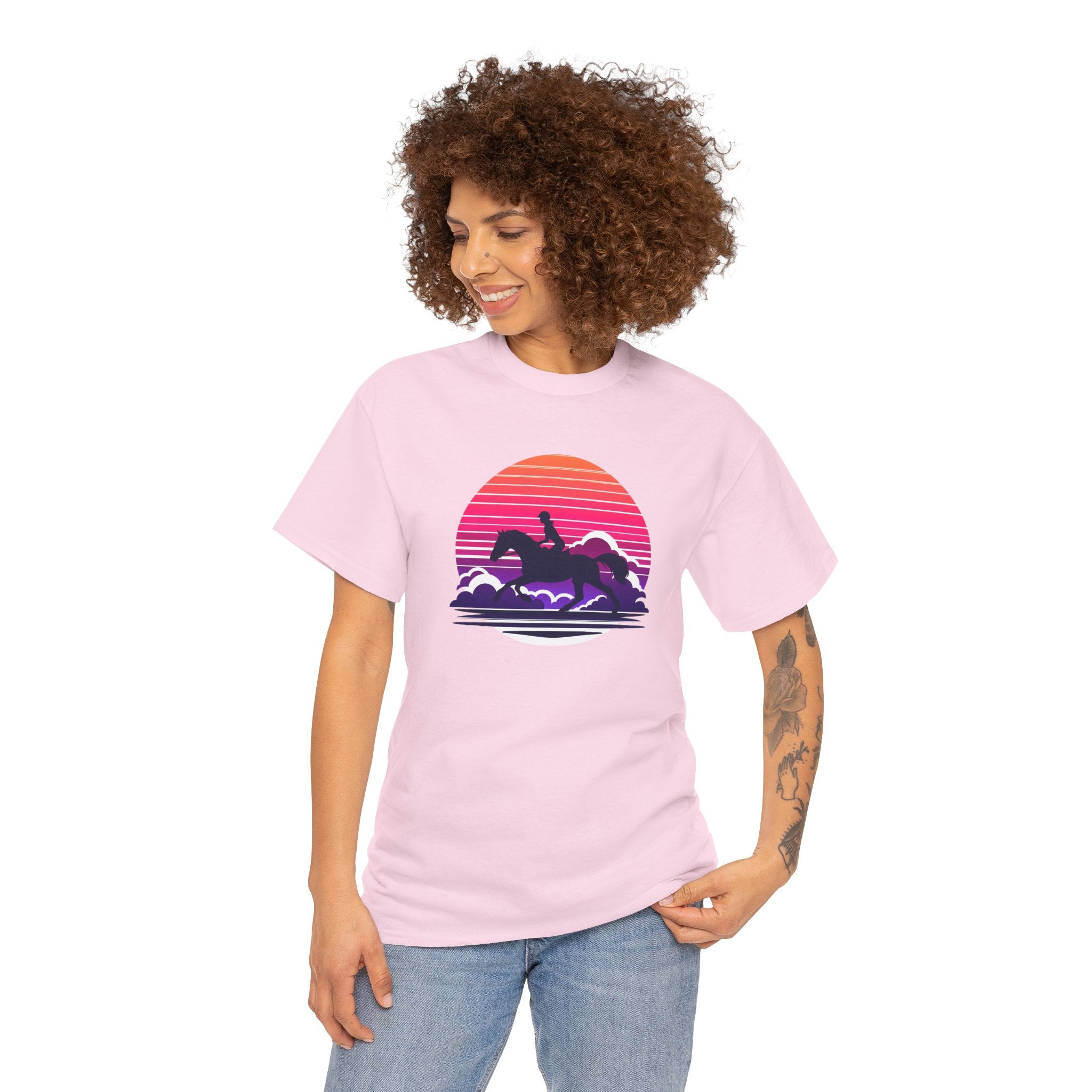 Woman Ride Horse Sunset T-Shirt — Retro Silhouette Beach Vibe Tee