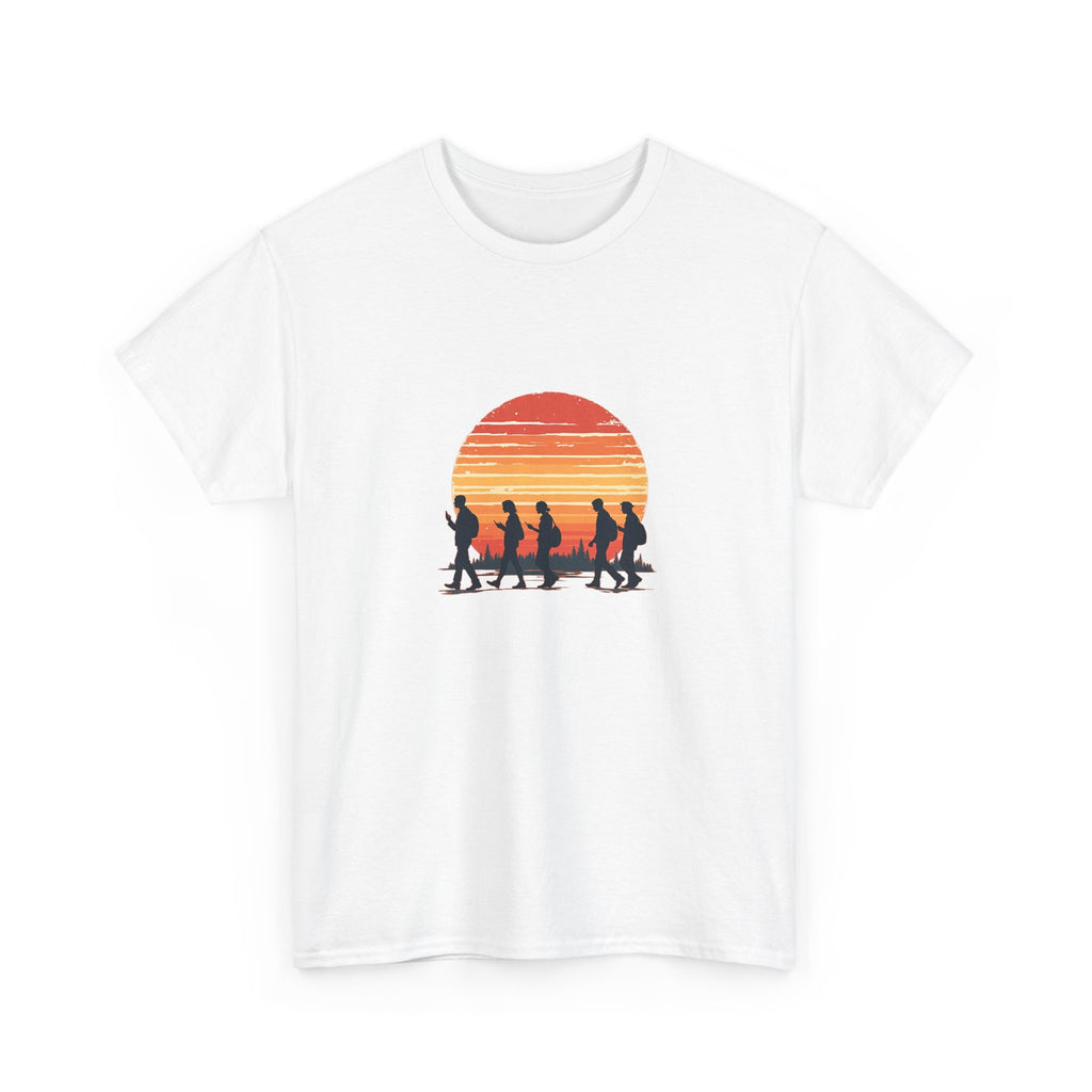 Retro-style illustration of people walking in silhouette while looking at smartphones against a striped orange sunset and forest landscape, symbolizing modern technology and digital distraction.