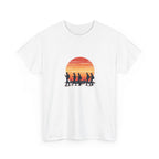 Retro-style illustration of people walking in silhouette while looking at smartphones against a striped orange sunset and forest landscape, symbolizing modern technology and digital distraction.