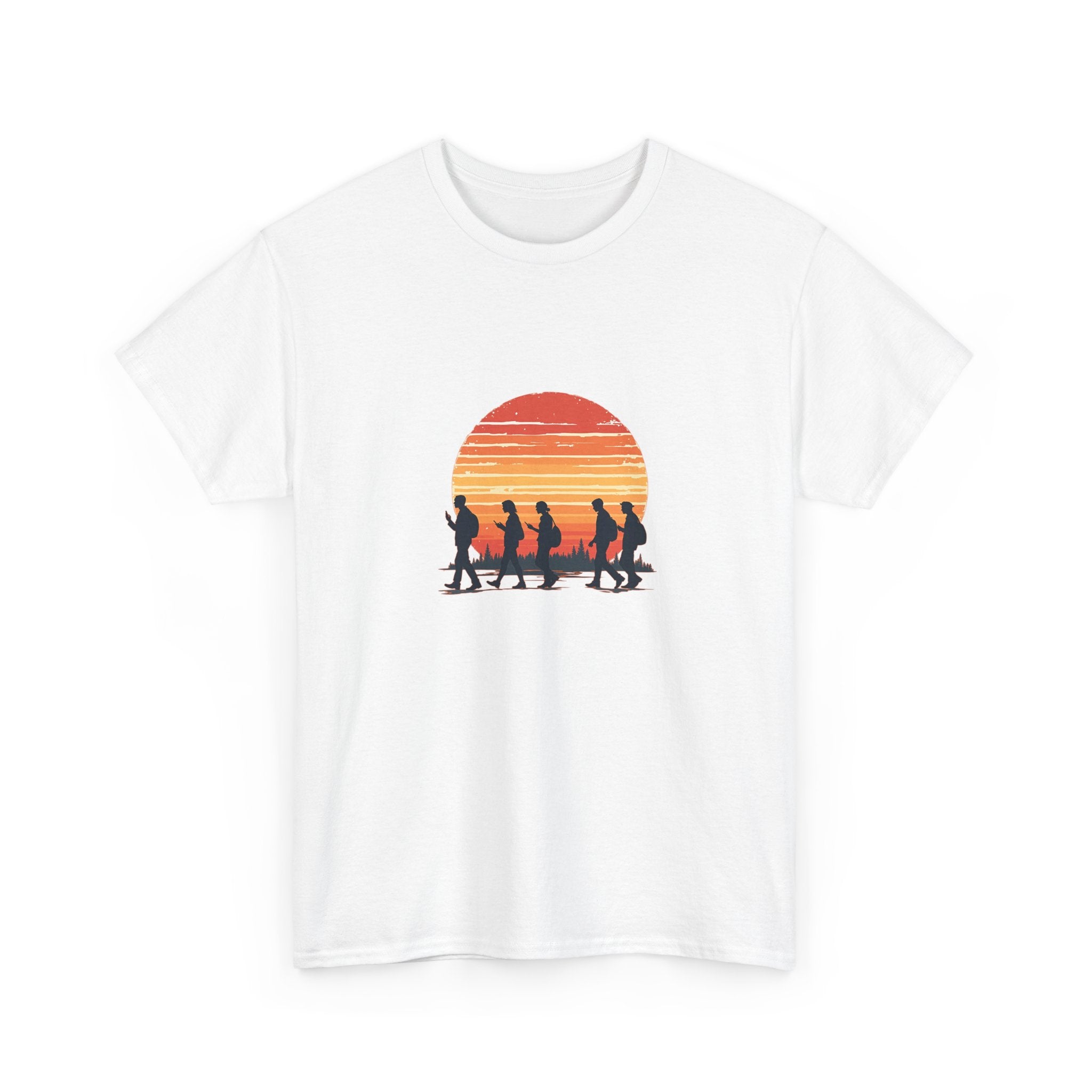 Retro-style illustration of people walking in silhouette while looking at smartphones against a striped orange sunset and forest landscape, symbolizing modern technology and digital distraction.