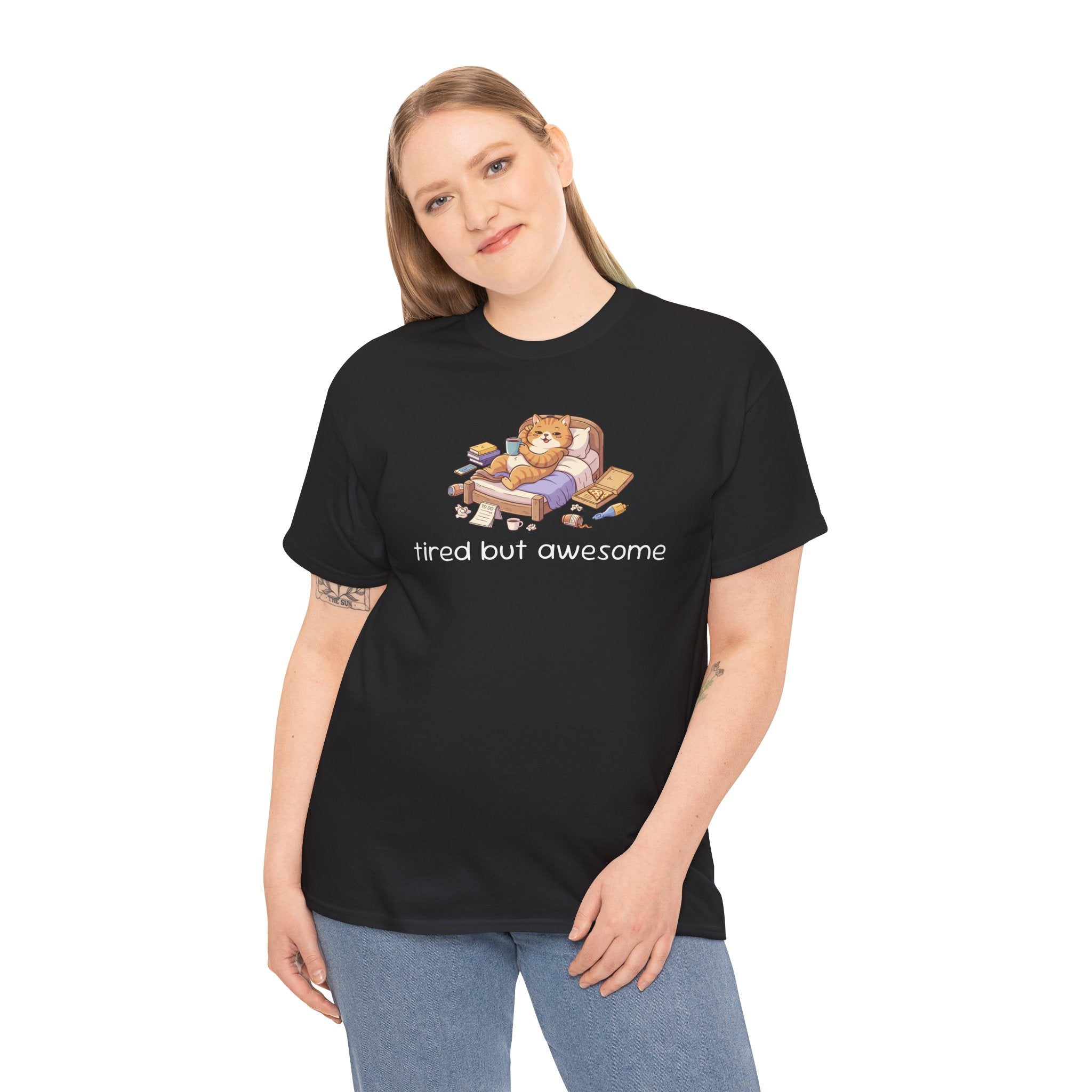 'Tired But Awesome' Cute Cat Relaxing Graphic Tee