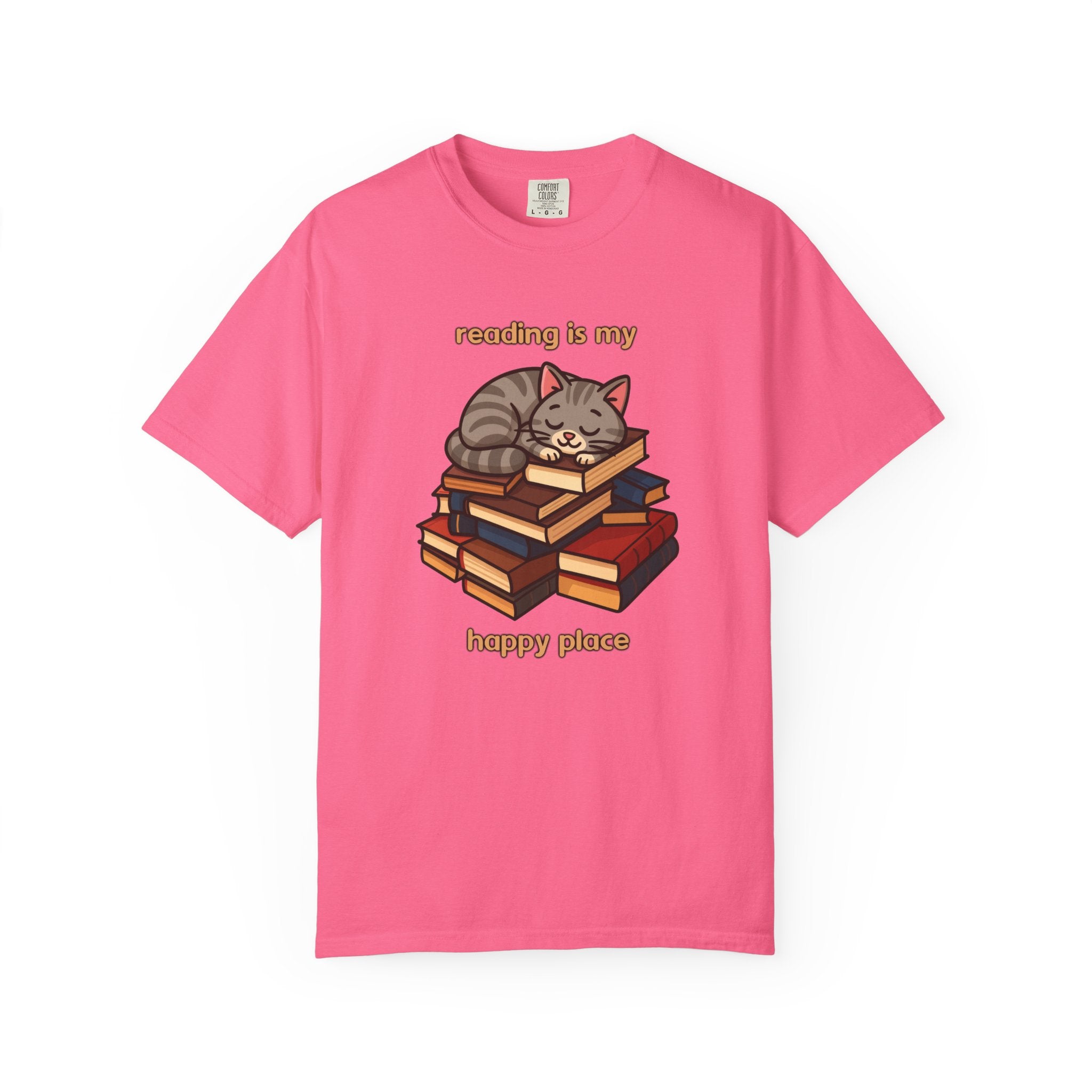 Reading Is My Happy Place T-Shirt — Cute Cat on Books Graphic Tee
