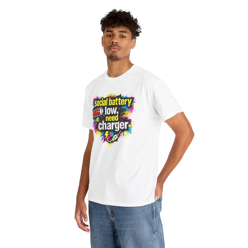 Social Battery Low Need Charger T-Shirt — Funny Sarcastic Introvert Graphic Tee