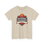 Beige t-shirt with basketball graphic and 'Professional Benchwarmer' text on a white background