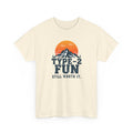 Beige t-shirt with mountain graphic and text 'type 2 fun still worth it' on a white background
