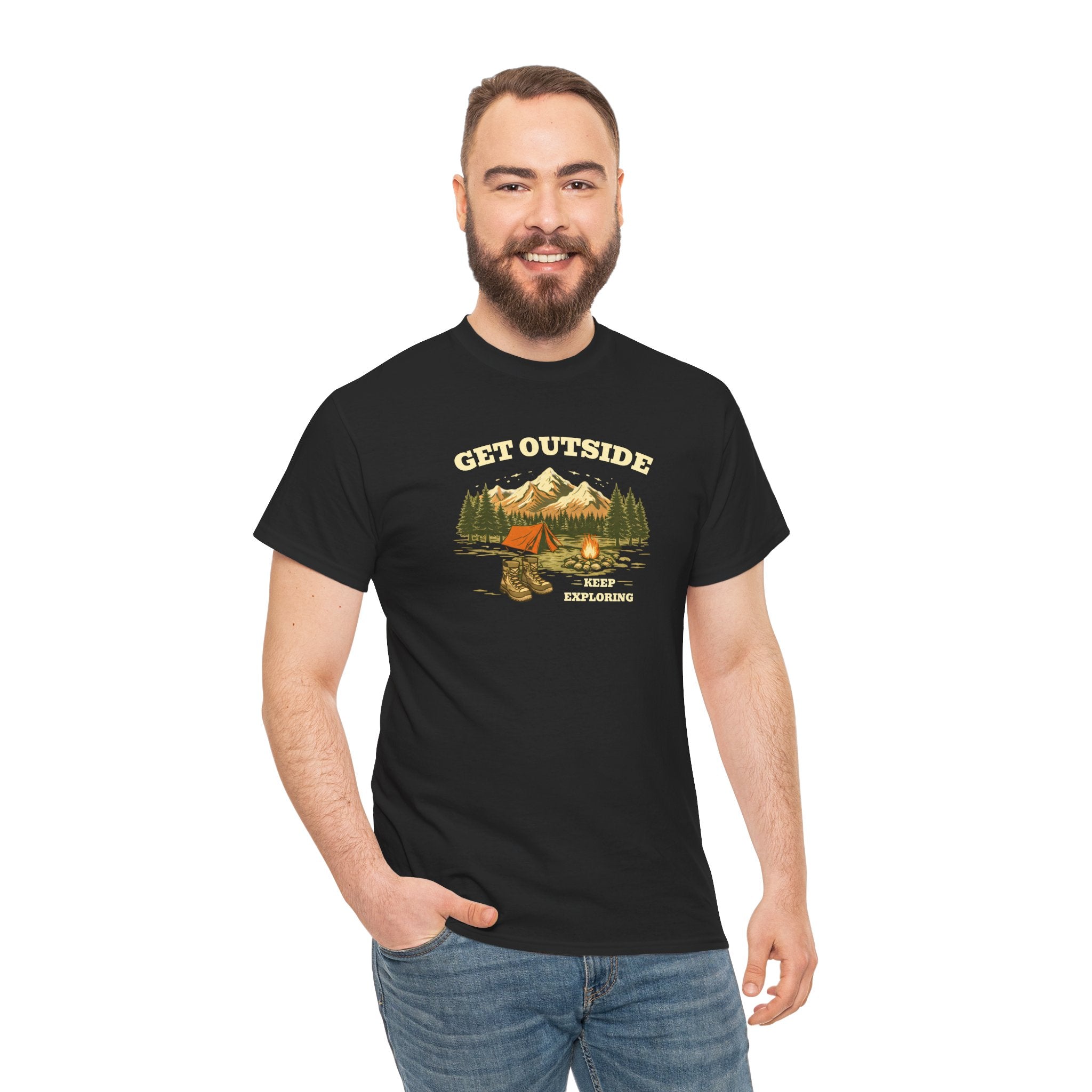 Get Outside Camping T-Shirt — Retro Mountain Tent & Campfire Tee