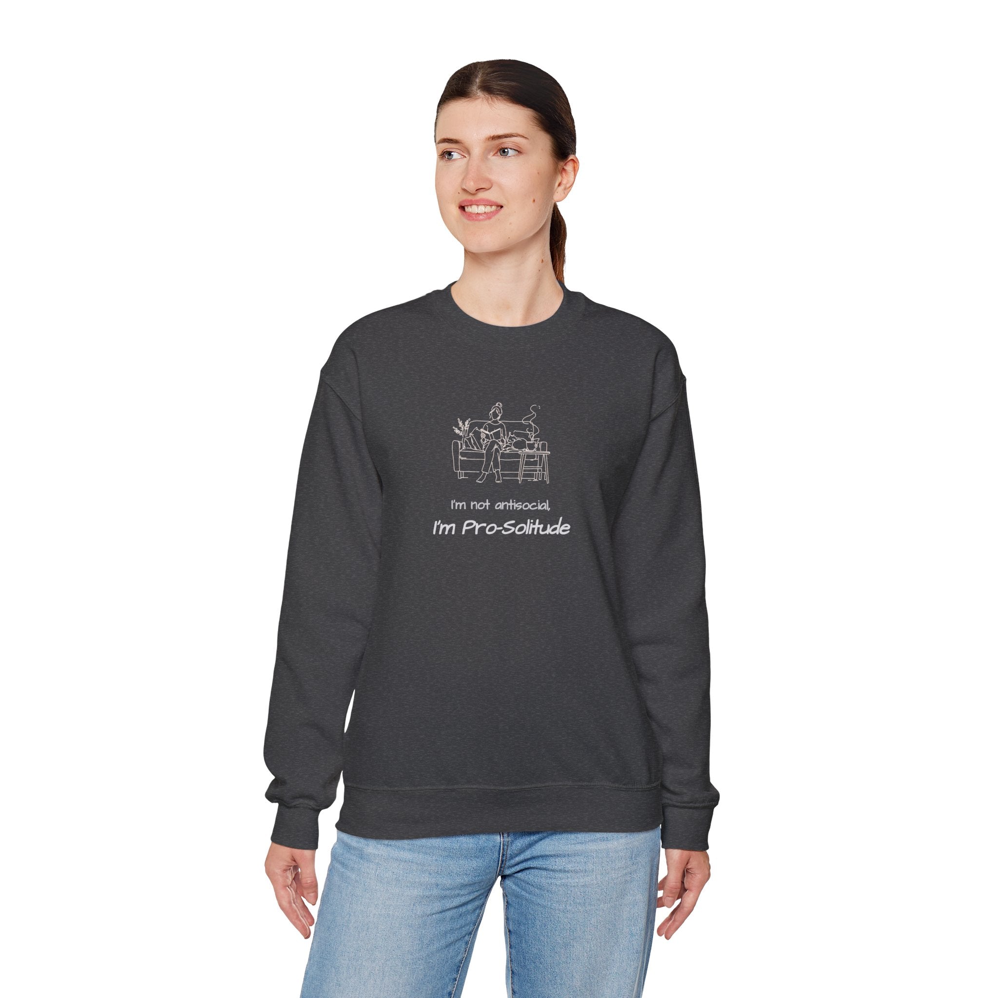 Crewneck Sweatshirt — “I’m Not Antisocial, I’m Pro-Solitude” Minimal Introvert Illustration