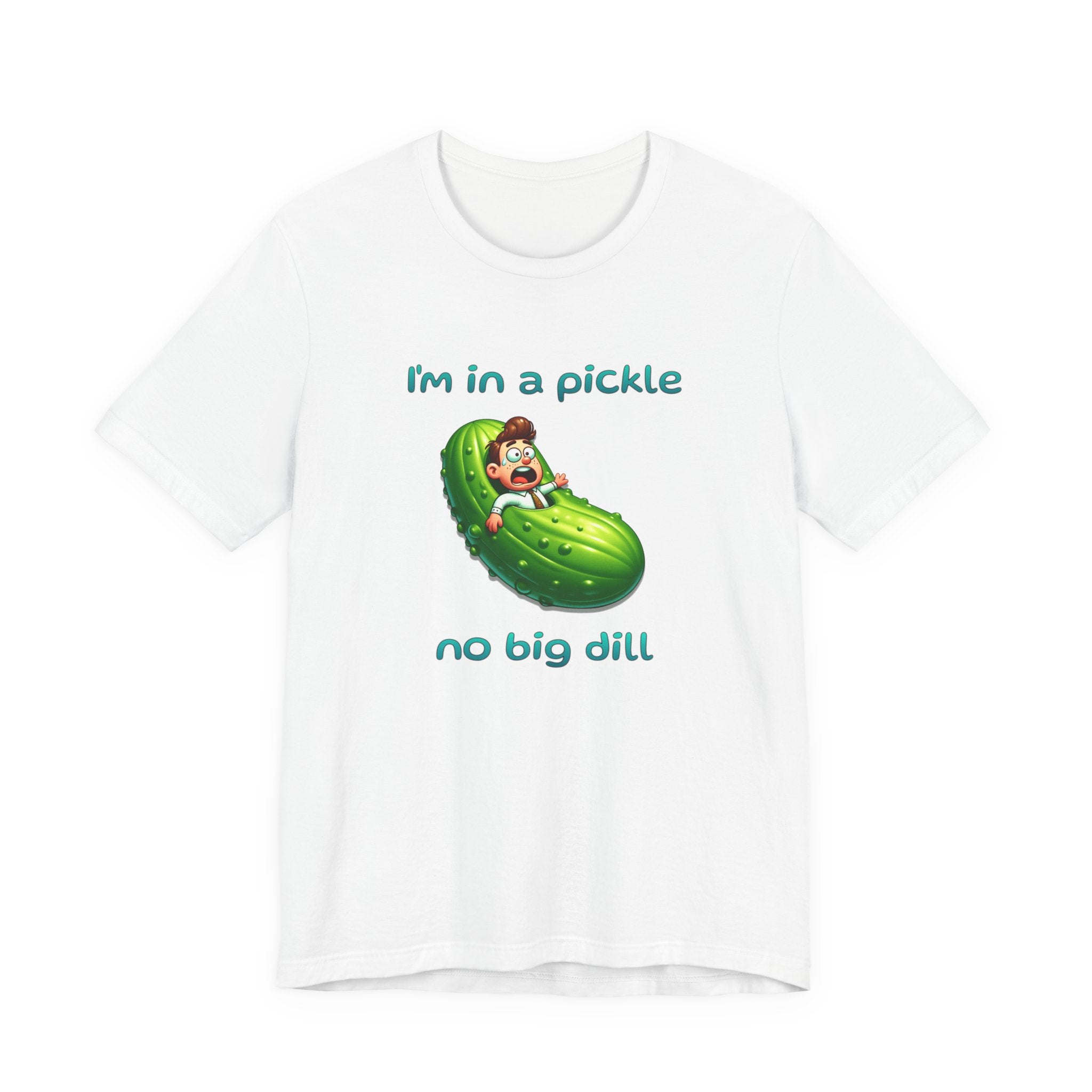 Funny cartoon illustration of a surprised man inside a pickle, a humorous visualization of the phrase 'in a pickle'.