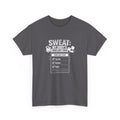 Gray gym workout t-shirt with white graphic and text "sweat: my body's complaint form' on a white background