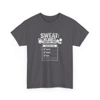 Gray gym workout t-shirt with white graphic and text "sweat: my body's complaint form' on a white background