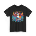 Black t-shirt with a retro cat DJ at turntable graphic on a white background
