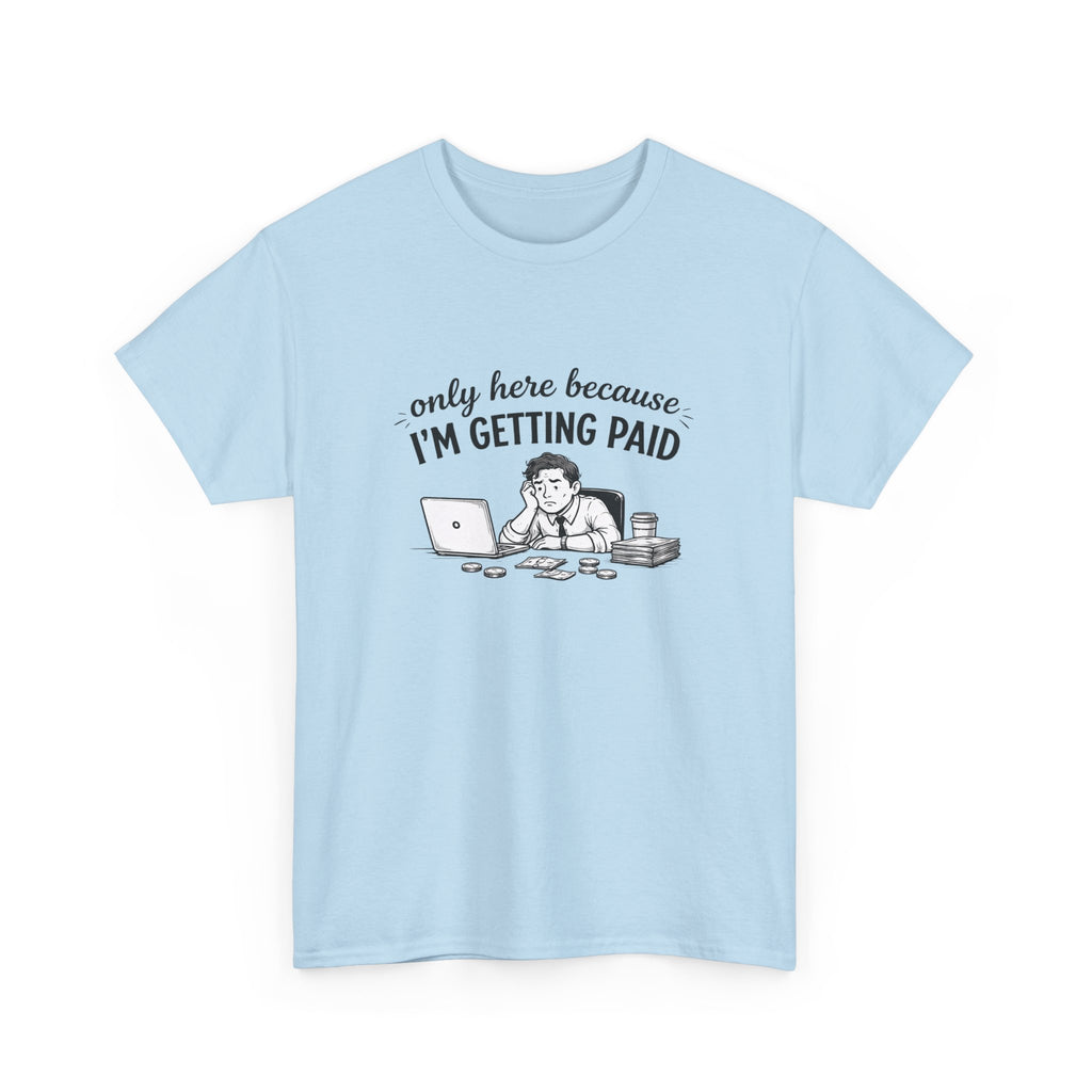 Light blue t-shirt with a graphic and text on a white background