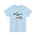 Light blue t-shirt with a graphic and text on a white background