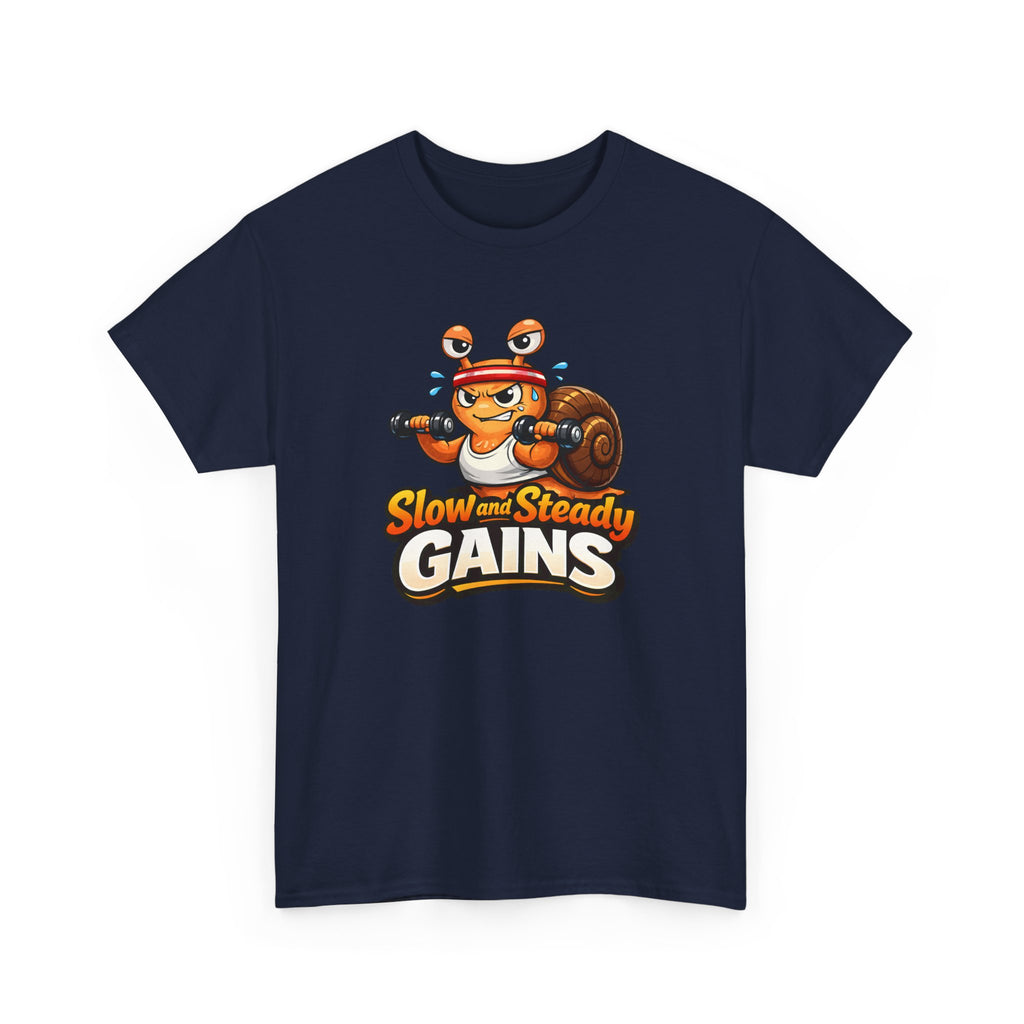Navy blue t-shirt with a cartoon snail and 'Slow and Steady Gains' text on a white background