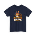 Navy blue t-shirt with a cartoon snail and 'Slow and Steady Gains' text on a white background