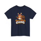 Navy blue t-shirt with a cartoon snail and 'Slow and Steady Gains' text on a white background