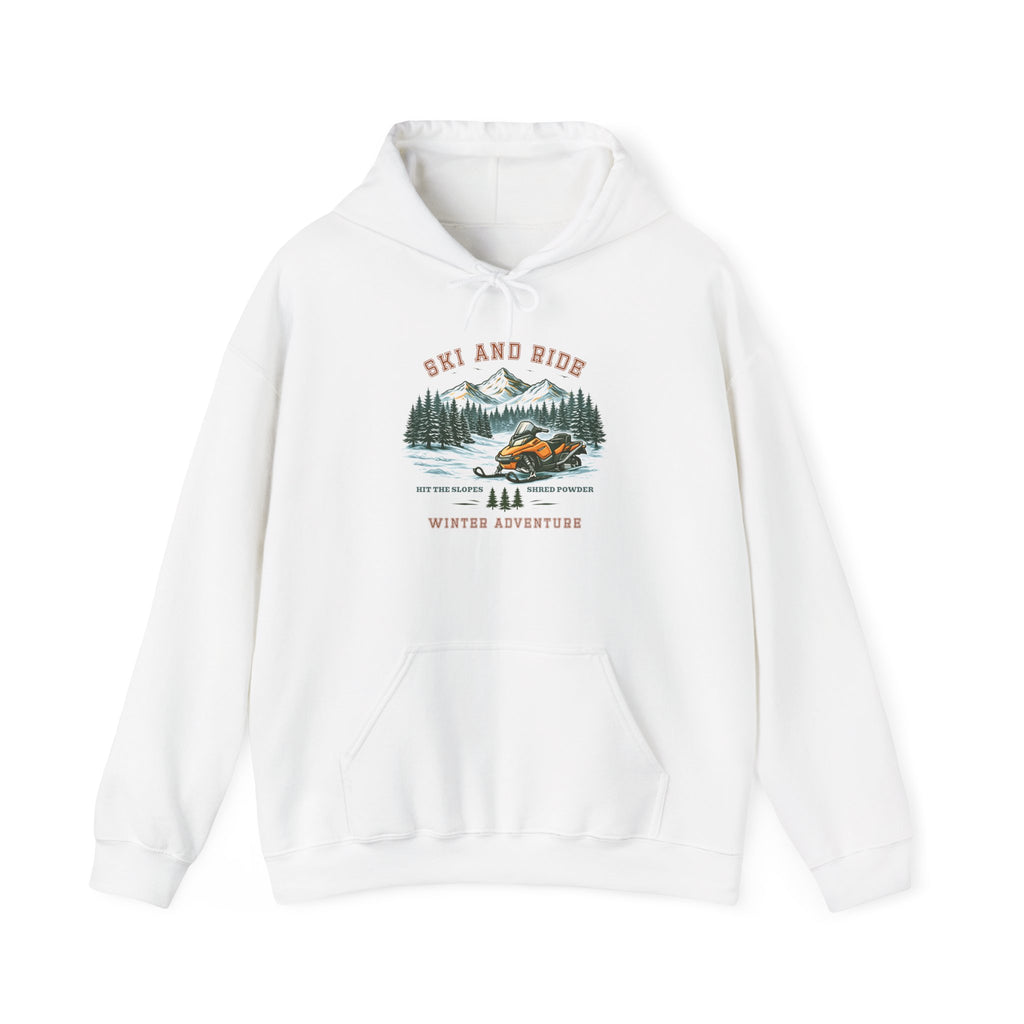 An outdoor scenic graphic with a snowy scene with a snowmobile and pine trees and mountains in the background, with the text 'ski and ride, winter adventure', perfect for outdoor adventure seekers.