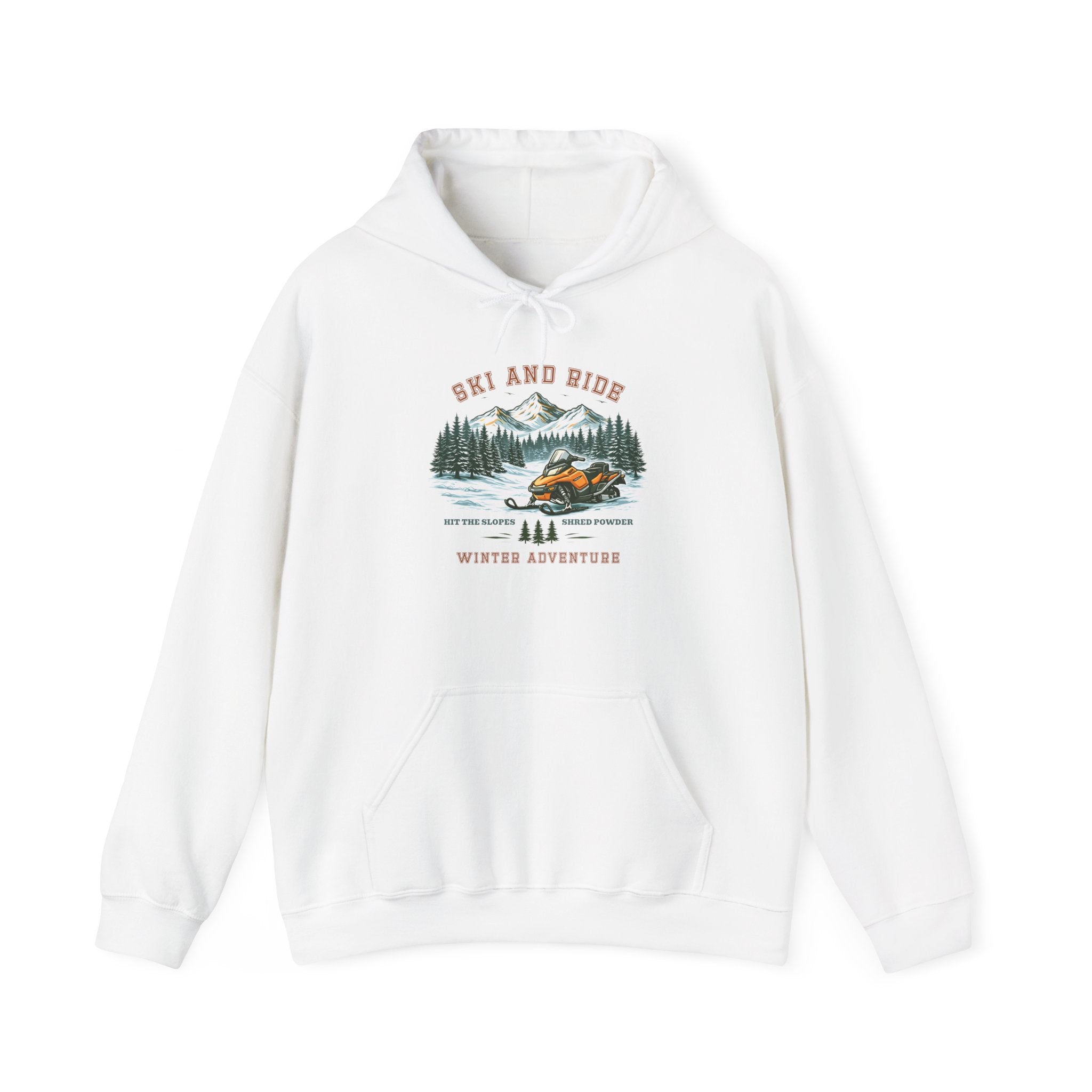 An outdoor scenic graphic with a snowy scene with a snowmobile and pine trees and mountains in the background, with the text 'ski and ride, winter adventure', perfect for outdoor adventure seekers.
