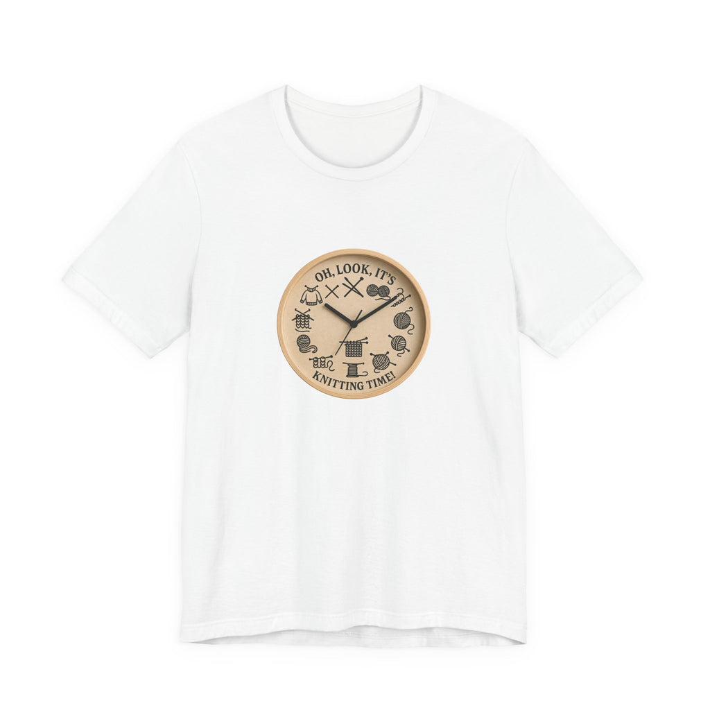 Charming knitting-themed illustrated wall clock featuring yarn balls, knitting needles, stitch patterns, and bold quote text reading ‘Oh, look, it’s knitting time!’.