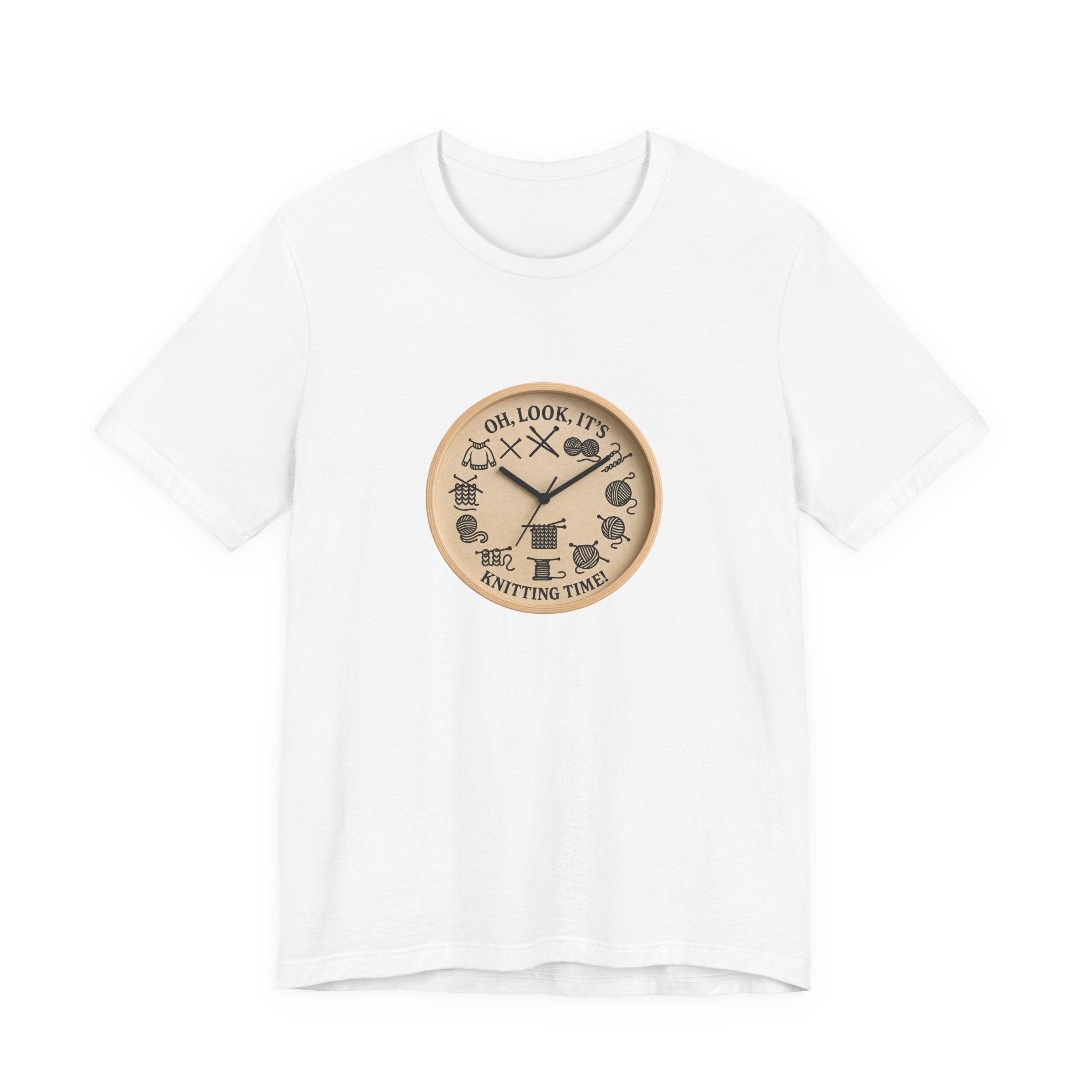 Charming knitting-themed illustrated wall clock featuring yarn balls, knitting needles, stitch patterns, and bold quote text reading ‘Oh, look, it’s knitting time!’.