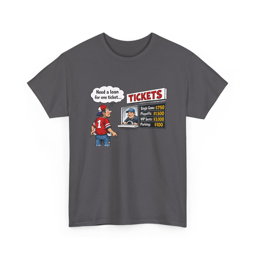 Gray t-shirt with a cartoon design of a person in a red jersey looking at a computer screen displaying ticket prices.