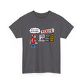 Gray t-shirt with a cartoon design of a person in a red jersey looking at a computer screen displaying ticket prices.