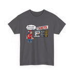 Gray t-shirt with a cartoon design of a person in a red jersey looking at a computer screen displaying ticket prices.