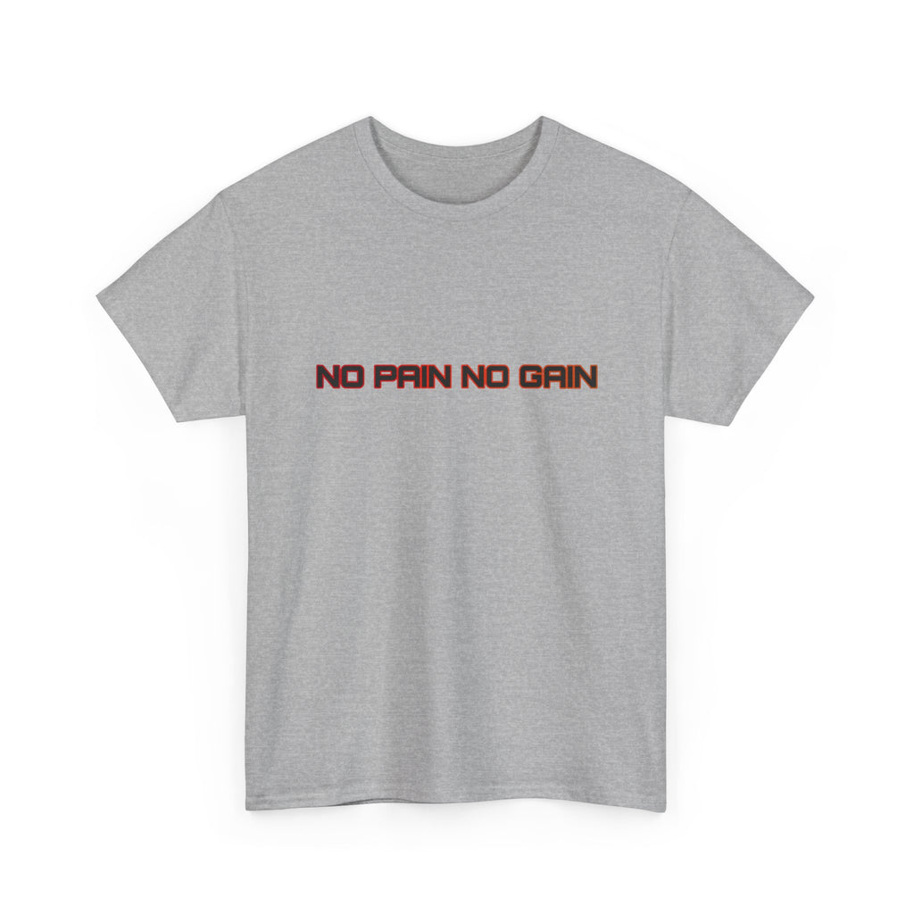 Gray t-shirt with 'No Pain No Gain' text on a white background