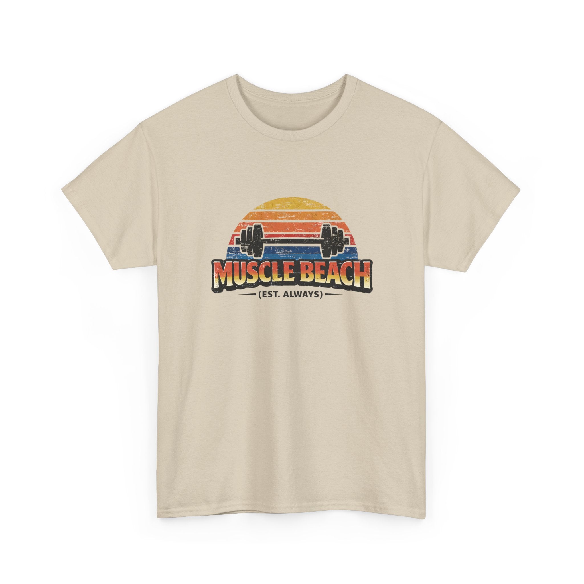 Retro Muscle Beach Tee – Vintage Sunset Barbell Fitness Shirt (Est. Always)